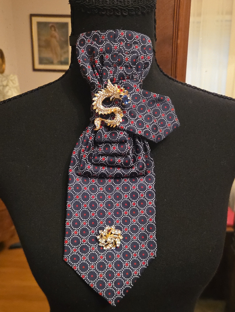 Classic Navy Patterned Cravat with Gold Dragon Brooch